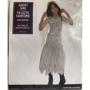 Ghost Girl Skeleton Halloween Costume Dress With Hood‎ Size Child XL 14-16 New